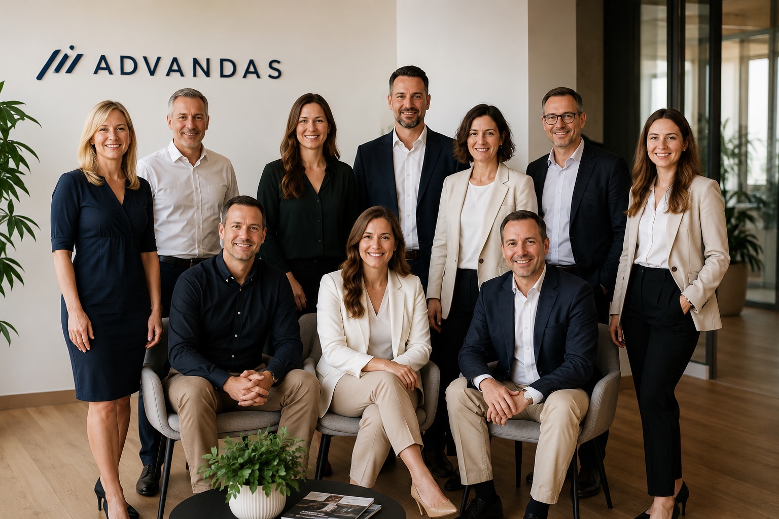 Das advandas-Team im Büro vor dem Firmenlogo