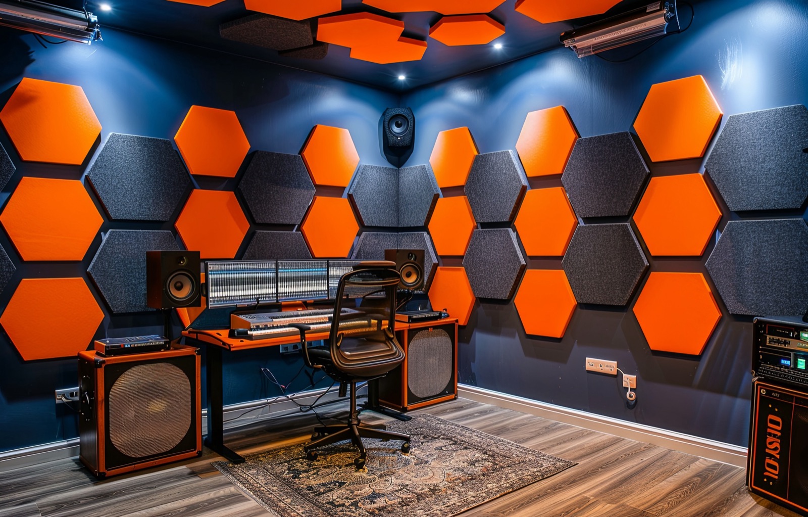 Tonstudio mit orangefarbenen Akustikelementen