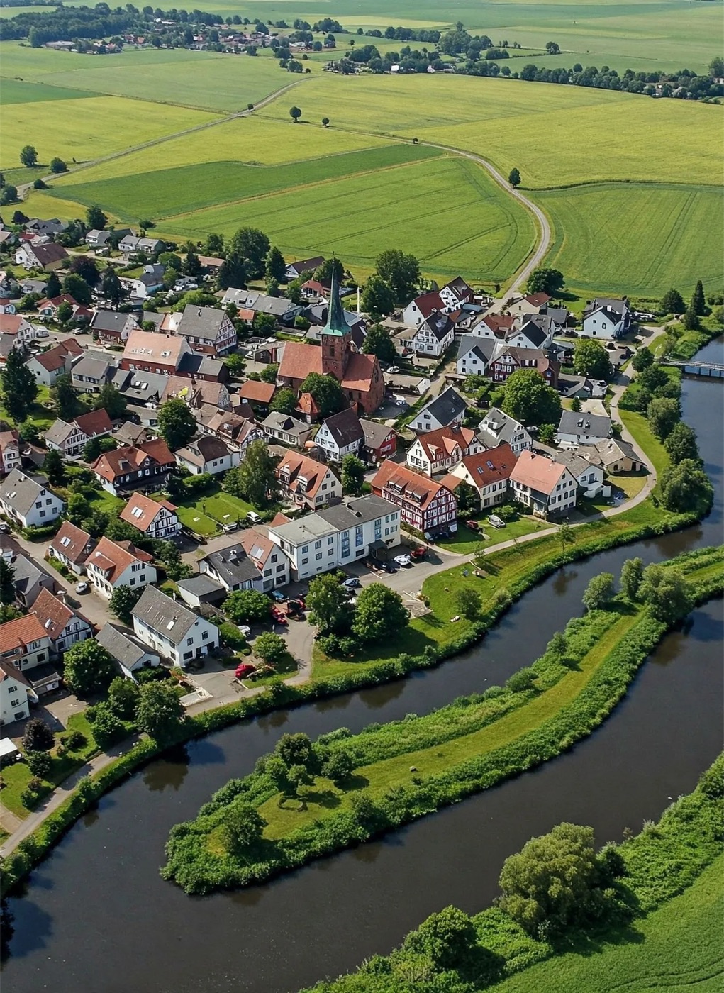 Luftbild einer Kleinstadt an einem Fluss in Mecklenburg-Vorpommern